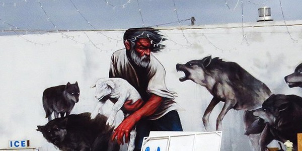 Street Art sheep protected by man from wolves EVPCA1